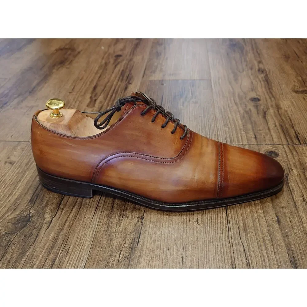 Magnanni Men’s Cap Toe 12M Tan Brown Burnished Leather Dress Shoes